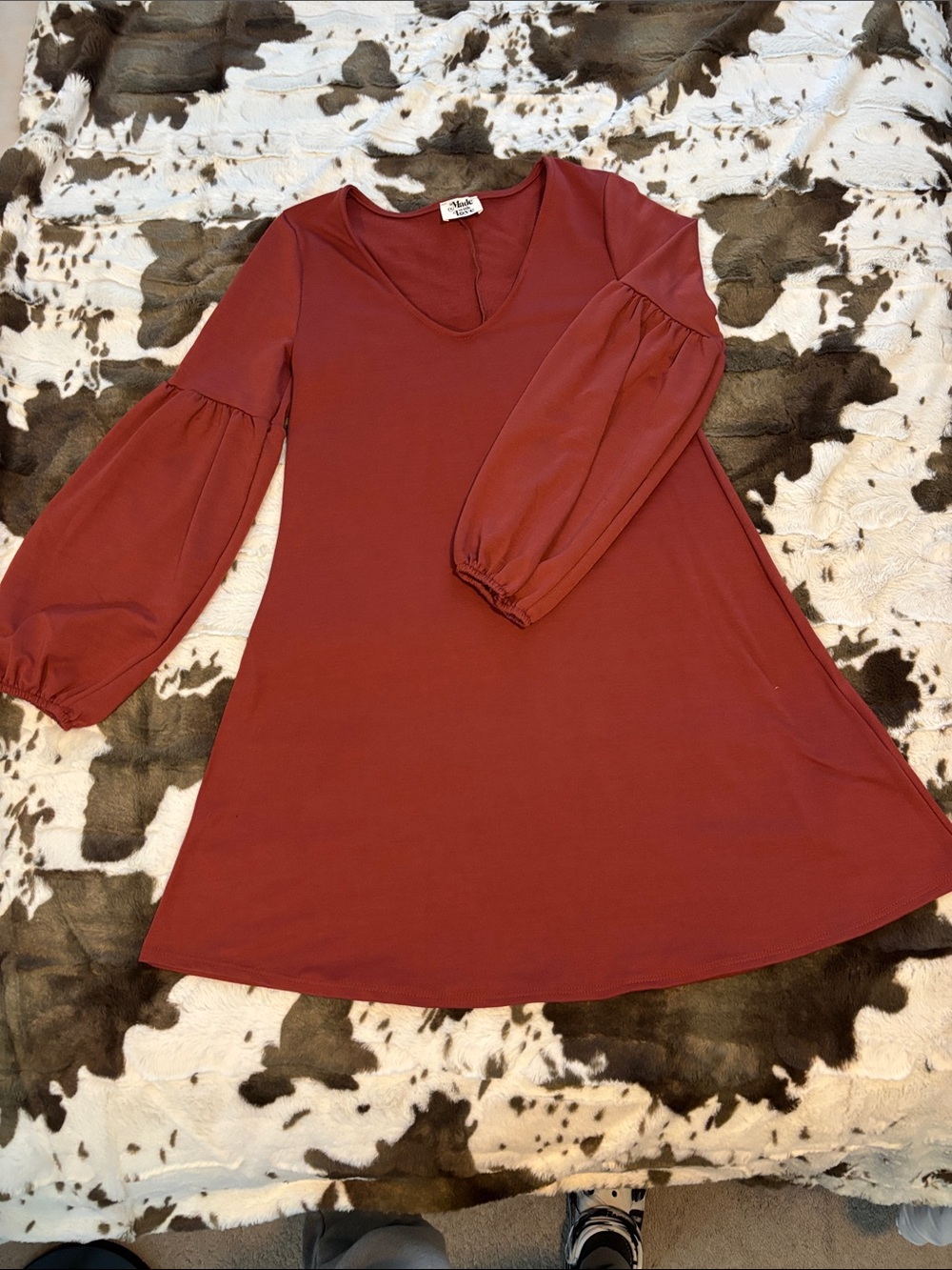 V-Neck Long Bell Sleeve A-Line Dress in Rust